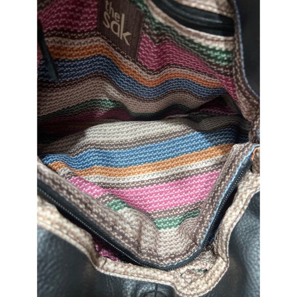 The Sak Boho Pebbled Black Leather Tasseled Gold Chain Strap Shoulder Bag - Picture 11 of 12